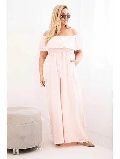 Dámský overal Plus Size s volánem a krátkým rukávem pudrově růžová