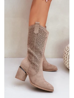 Ażurowe Kozaki Kowbojki Do Połowy Łydki S.Barski HY51-238 Beżowe