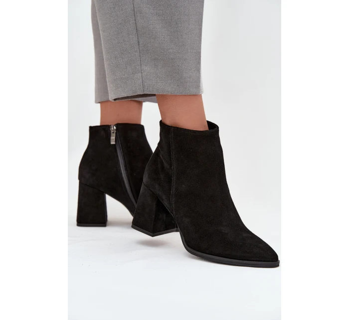 Botki Z Naturalnego Zamszu Obcas Słupek Ocieplane Czarne Zazoo 3128