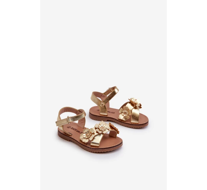 Sandałki Dziecięce Ozdobione Kwiatkami Zapinane Na Rzep Złote Fagossa Sandałki Dziecięce Ozdobione Kwiatkami Zapinane Na Rzep Złote Fagossa