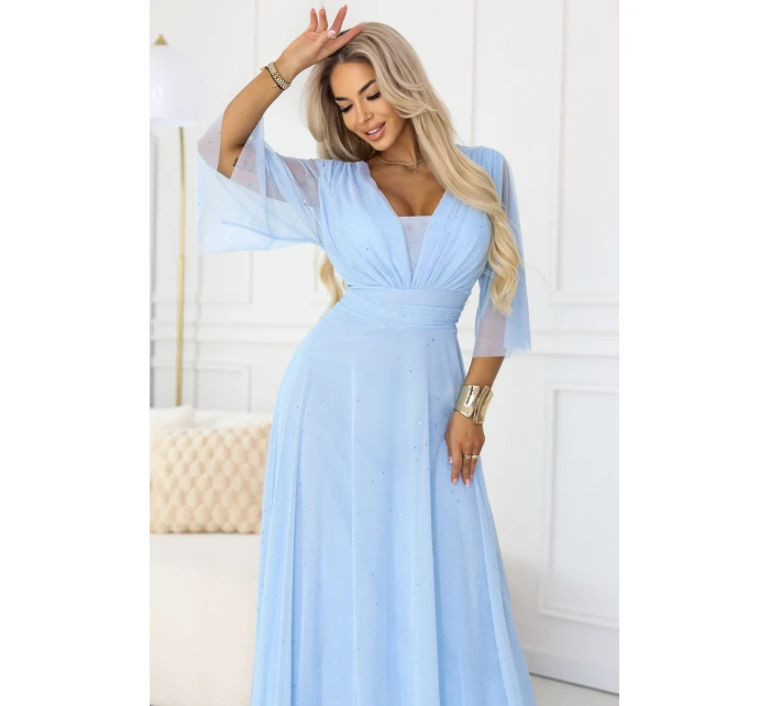Dlouhé třpytivé plus size šaty s výstřihem a rukávy modré model 21957849 - numoco basic
