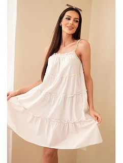Dámske bavlnené šaty bez ramienok s volánmi béžovej farby