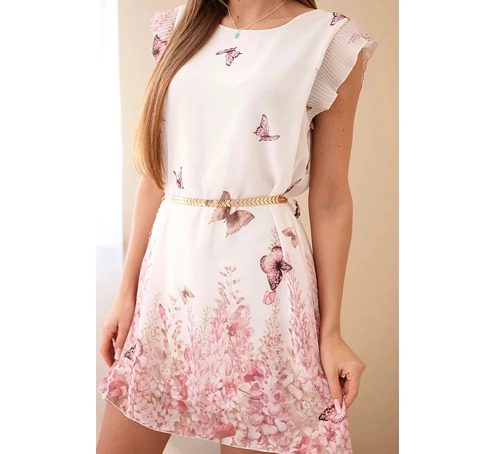 Dámské šaty s plisovaným rukávem a ozdobným páskem růžová