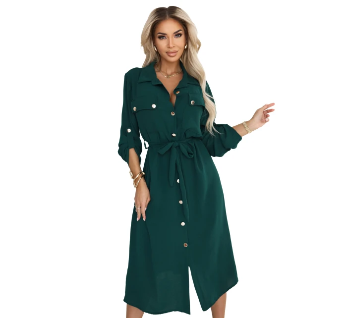 model 21402432 Midi košilka se zlatými knoflíky a vázáním zelená - numoco basic model 21402432 Midi košilka se zlatými knoflíky a vázáním zelená - numoco basic