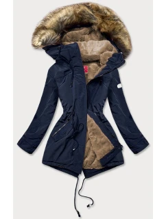 Tmavomodrá dámska bunda parka s kožušinovou podšívkou (m-21207)