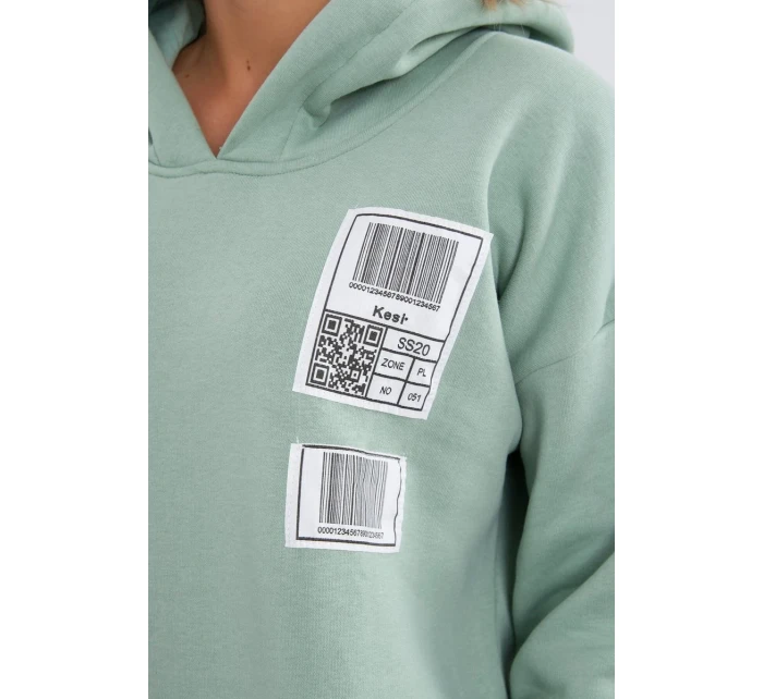 Mikina s kapucňou a nášivkami tmavo mätová