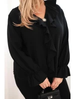 Dámská viskózová blůza Plus Size s volánem a ozdobnou broží černá