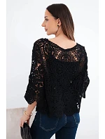 Dámský bavlněný prolamovaný svetr s krátkým rukávem a ozdobným vzorem černý