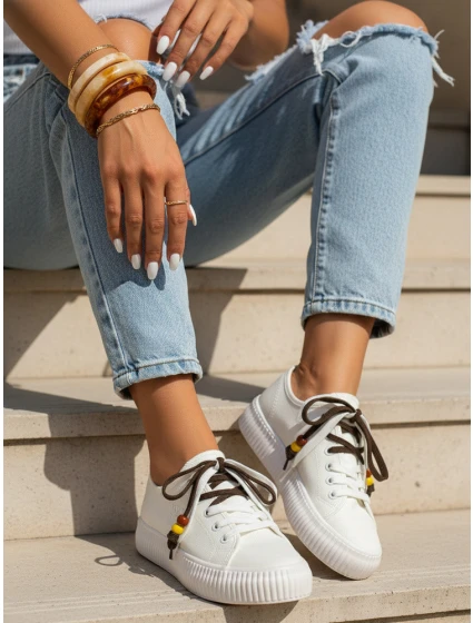 Dámske tenisky tenisky s ozdobnými korálkami biele ZY1407