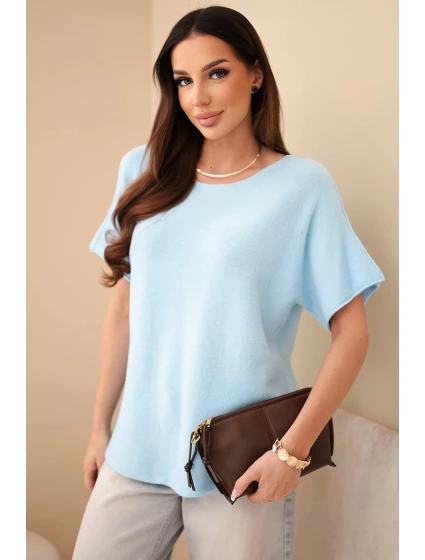 Dámský svetr s krátkým rukávem volného střihu modrý Dámský svetr s krátkým rukávem volného střihu modrý