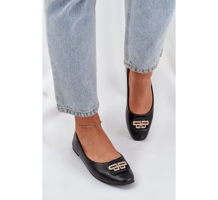 Baleriny Na Płaskiej Podeszwie Z Ozdobą Czarne Ainoria