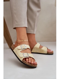 Materiálové pantofle na korkové podrážce s přezkami žluté model 21685413 - Boto