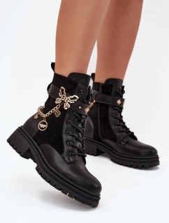 Botki Workery Damskie  Ocieplane Ze Złotym Łańcuchem I Zawieszkami Czarne Ravine