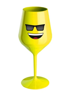 SMAJLÍK SE SLUNEČNÍMI BRÝLEMI - žlutá nerozbitná sklenice na víno 470 ml