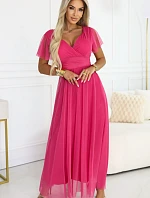 562-9 NASTIA Dlhé šaty s výstrihom, kosticami a krátkymi rukávmi - malinový sorbet