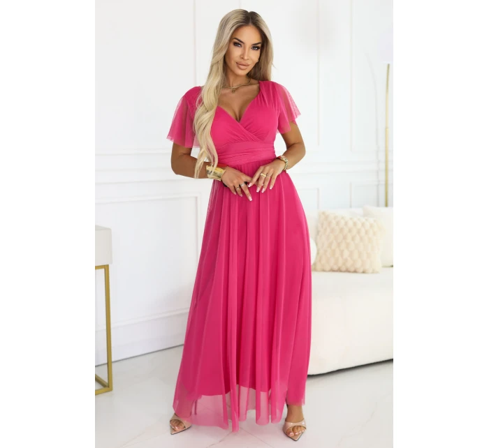 Dlouhé šaty s výstřihem, kosticemi a krátkými rukávy model 21955756 - numoco basic Dlouhé šaty s výstřihem, kosticemi a krátkými rukávy model 21955756 - numoco basic