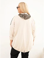 Dámska mikina Plus Size z viskózy s kapucňou a vložkami s leopardovým vzorom, béžová