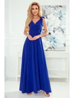 ELENA - Dlhé dámske šaty v nevädzovej farbe s výstrihom a zaväzovaním na ramenách 405-2 ELENA - Dlhé dámske šaty v nevädzovej farbe s výstrihom a zaväzovaním na ramenách 405-2