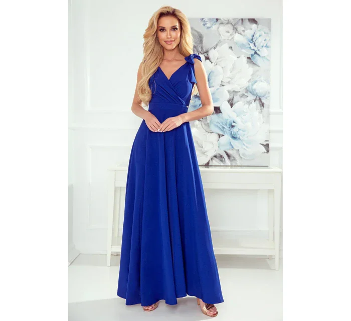 ELENA - Dlhé dámske šaty v nevädzovej farbe s výstrihom a zaväzovaním na ramenách 405-2 ELENA - Dlhé dámske šaty v nevädzovej farbe s výstrihom a zaväzovaním na ramenách 405-2