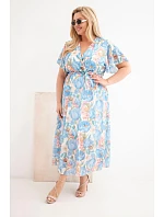 Dámske plus veľkosť šaty s kvetinovým vzorom a kravatou modrá