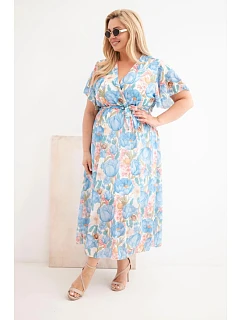 Dámske plus veľkosť šaty s kvetinovým vzorom a kravatou modrá