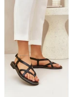 Skórzane Płaskie Sandały Z Przeplatającymi Się Paseczkami Zazoo 40429 Czarne