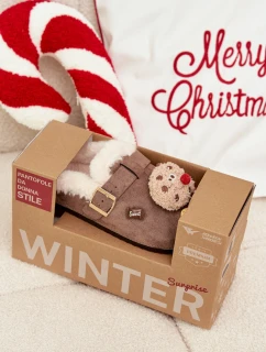 Dámske papuče s ozdobami a prackou, zateplené kožušinou - hnedé Thalora