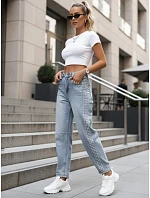 Dámske džínsy balónového strihu s ozdobnými nitmi modré UY2983