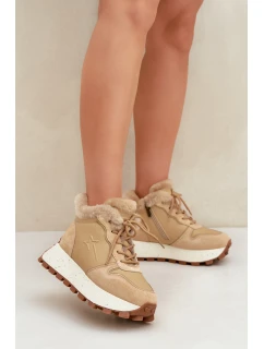 Skórzane Sneakersy Trapery Damskie Z Futerkiem Na Platformie Big Star OO274A330 Beżowe