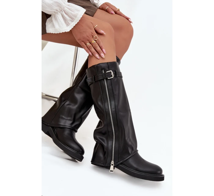 Dámské kozačky s límcem sponou a stříbrným zipem vyhřívané černé model 21711800 - Boto