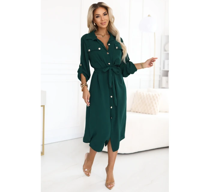 model 21402432 Midi košilka se zlatými knoflíky a vázáním zelená - numoco basic model 21402432 Midi košilka se zlatými knoflíky a vázáním zelená - numoco basic