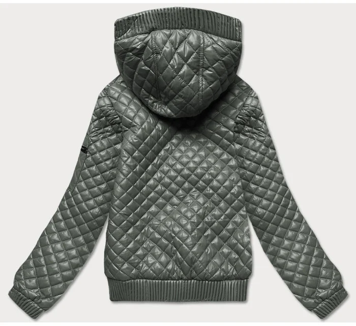 Krátka prešívaná bunda v khaki farbe so sťahovacími lemami (7261)