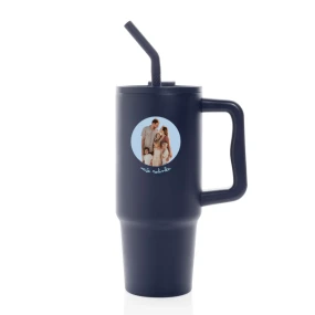 Personalizovaná termoska s barevným víčkem s výřezem fotky na podkladu