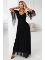 Dlouhé lehké třpytivé šaty s výstřihem a rukávy černé model 21802210 - numoco basic Dlouhé lehké třpytivé šaty s výstřihem a rukávy černé model 21802210 - numoco basic