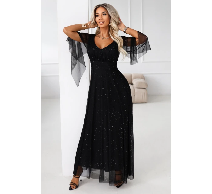 Dlouhé lehké třpytivé šaty s výstřihem a rukávy černé model 21802210 - numoco basic Dlouhé lehké třpytivé šaty s výstřihem a rukávy černé model 21802210 - numoco basic
