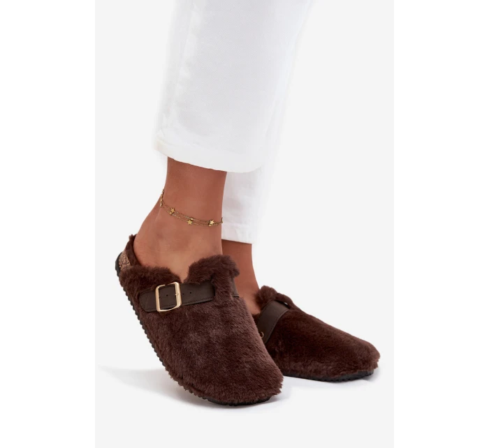 Futrzane Klapki Damskie Na Platformie Z Paskiem I Klamrą Brązowe Noraline