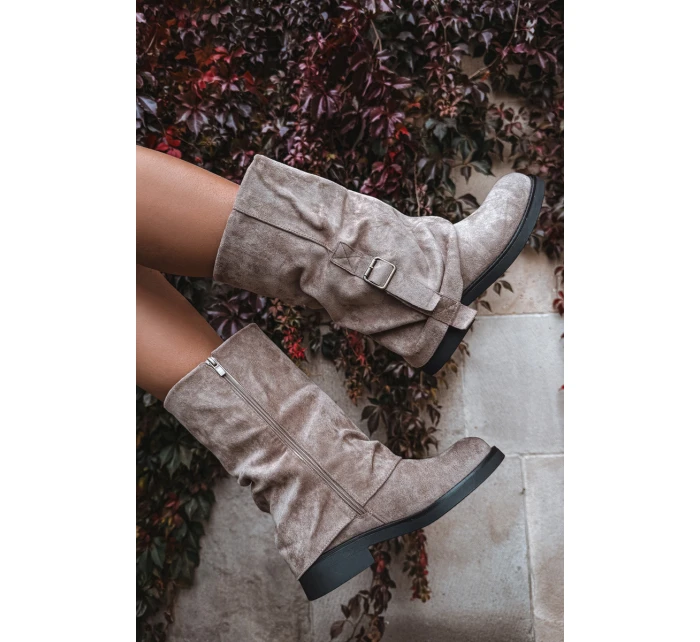 Kozaki Damskie Z Wywiniętą Cholewką Do Połowy Łydki Z Klamrą Khaki Minelle Kozaki Damskie Z Wywiniętą Cholewką Do Połowy Łydki Z Klamrą Khaki Minelle