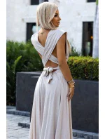 Elegantní béžové dlouhé dámské šaty s brokátem a s  vázání model 20110813 - numoco