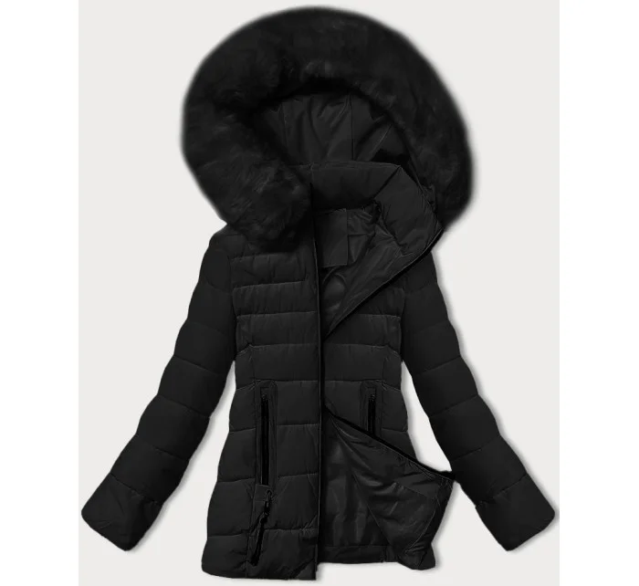 Černá prošívaná bunda pro přechodné období s kožešinou u kapuce model 21248217 - S'WEST