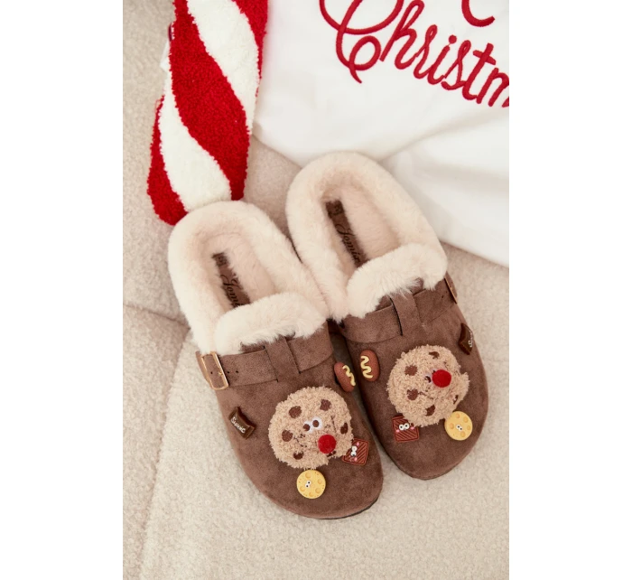 Dámské pantofle s ozdobami a přezkou vyhřívané kožešinou hnědé Thalora Dámské pantofle s ozdobami a přezkou vyhřívané kožešinou hnědé Thalora