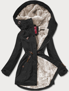 Čierna dámska zimná bunda parka so vsadkami z eko kože (2M-21A93)