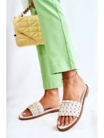 Damskie Skórzane Klapki Z Ozdobą Białe Brien Damskie Skórzane Klapki Z Ozdobą Białe Brien