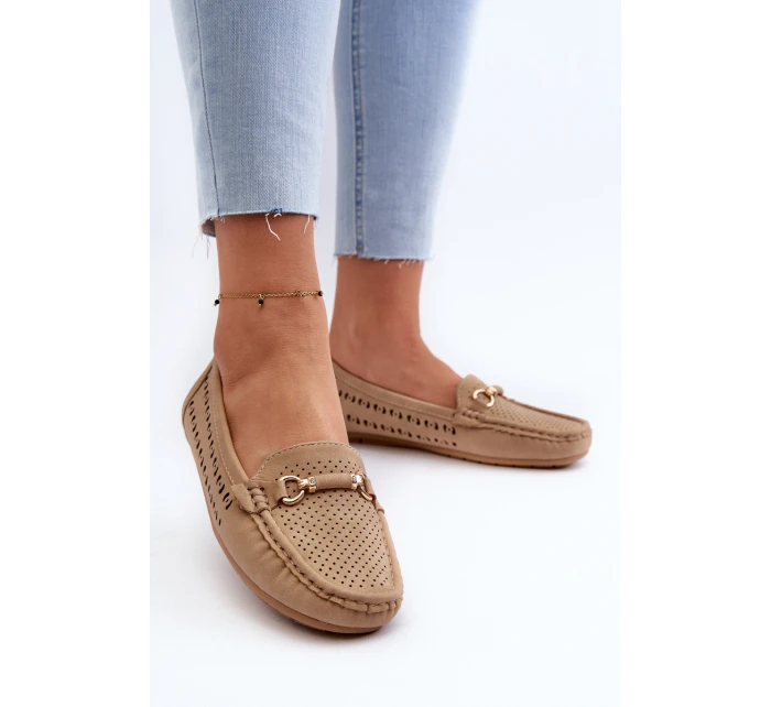 Mokasyny Damskie Ażurowe Z Ozdobą Brązowe Kaydance