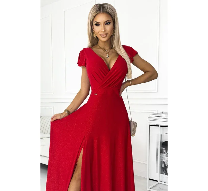 CRYSTAL Dlouhé červené lesklé dámské šaty s výstřihem model 18326796 - numoco