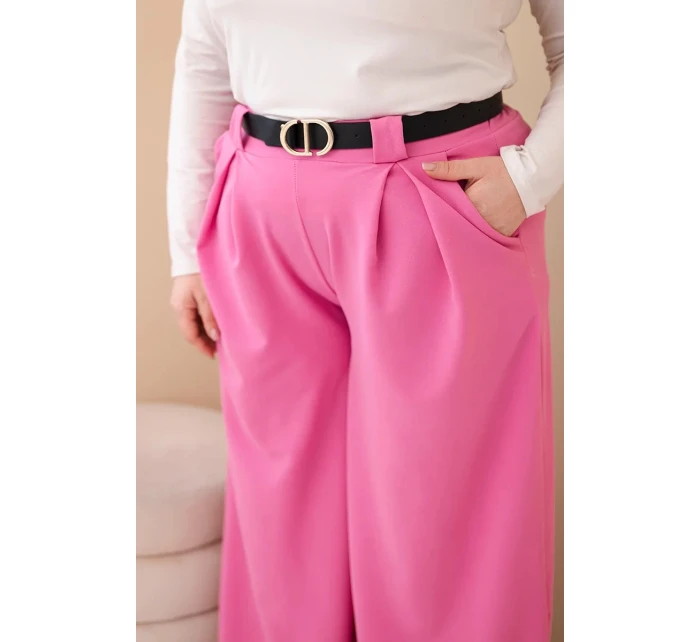 Plus veľkosť dámske široké nohavice z viskózy s opaskom ružová