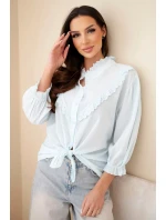 Dámske bavlnené tričko s čipkou a kravatami modré