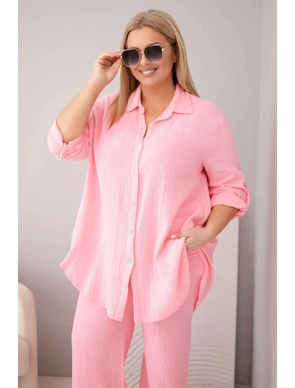 Dámska mušelínová súprava plus size s košeľou na gombíky a širokými nohavicami candy pink