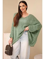 Dámsky oversized priehľadný sveter s výstrihom do V a predĺženou zadnou časťou v khaki farbe