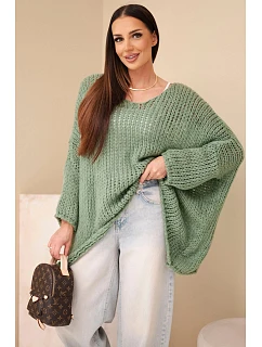 Dámsky oversized priehľadný sveter s výstrihom do V a predĺženou zadnou časťou v khaki farbe