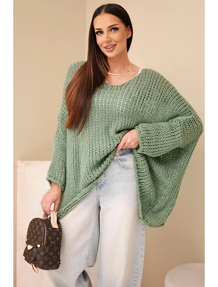Dámsky oversized priehľadný sveter s výstrihom do V a predĺženou zadnou časťou v khaki farbe